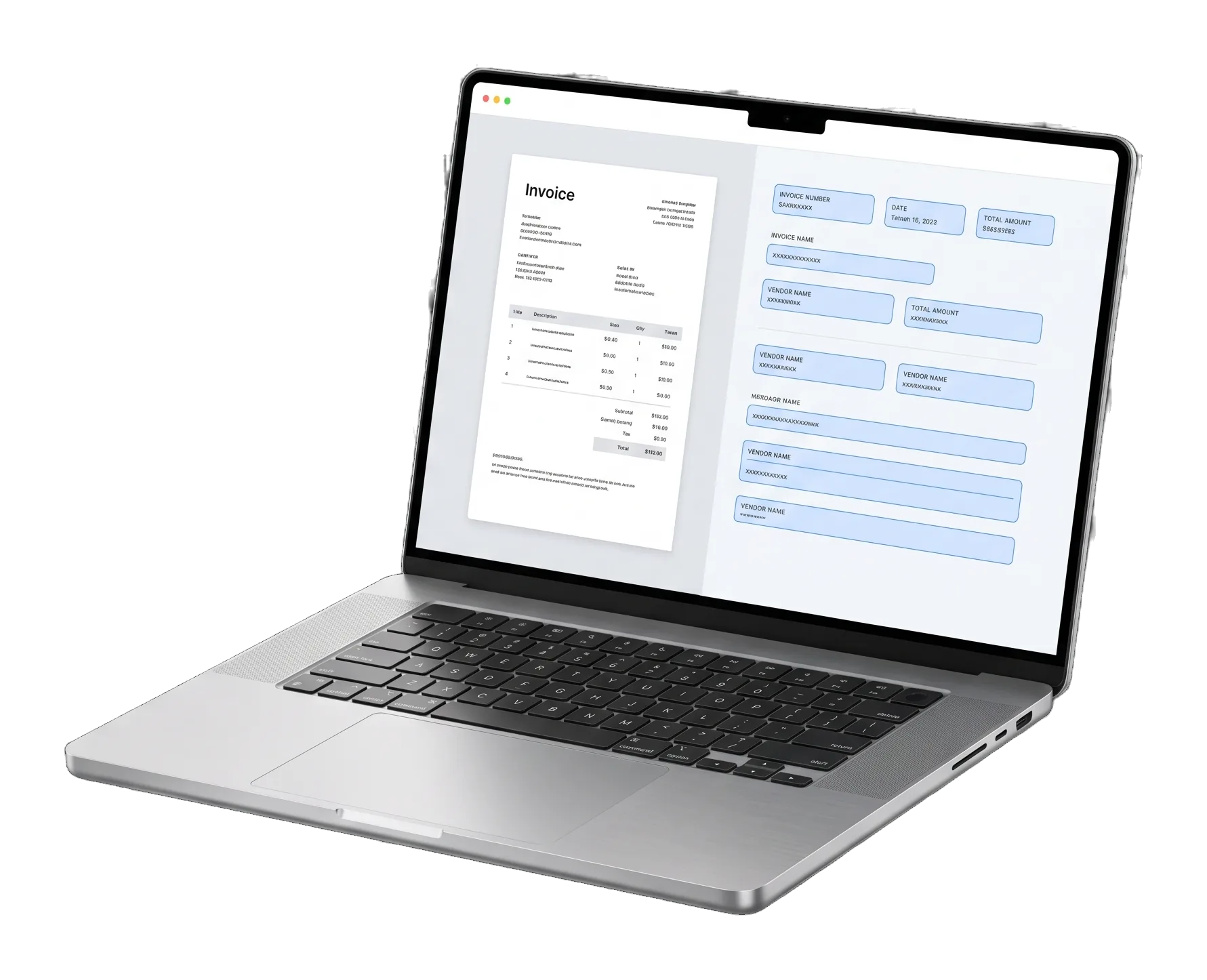 Portátil con una factura y sus datos extraídos automáticamente