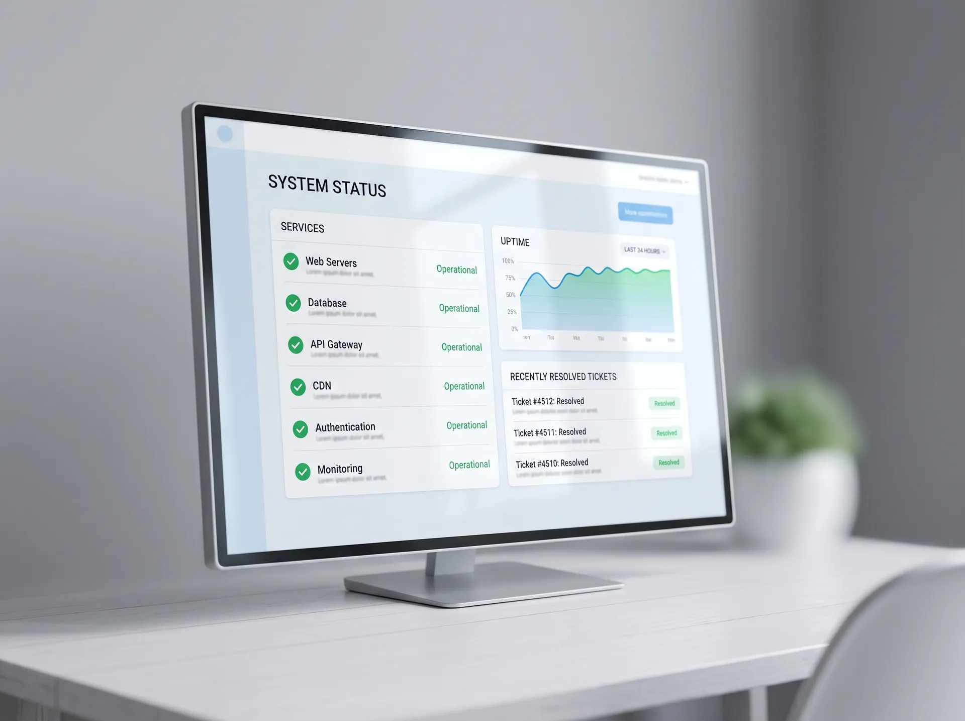 Monitor con el panel de estado de los servicios y tickets resueltos